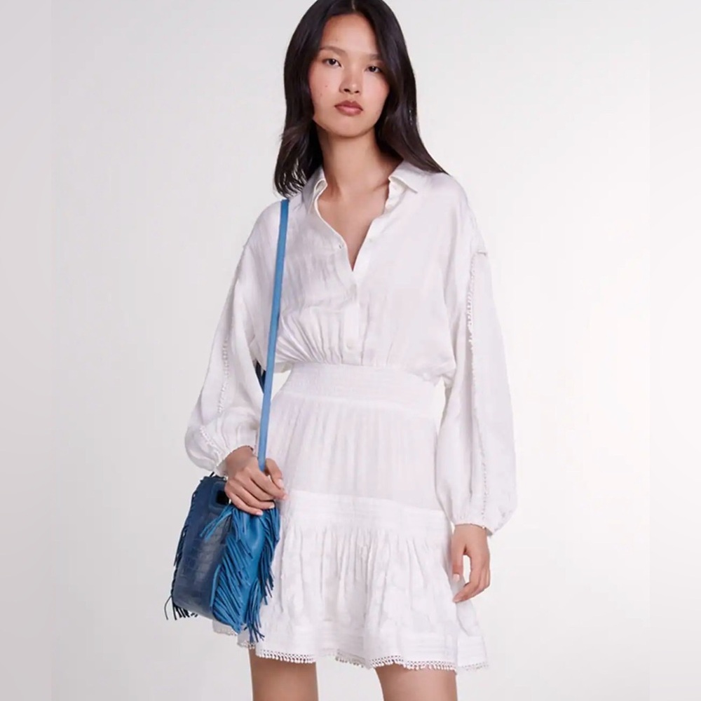 Maje Cotton Mini White Long Sleeve Dress with patchwork